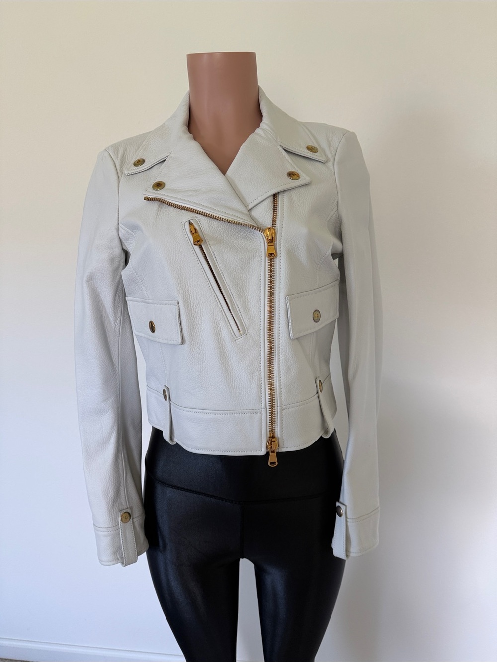 Mauro Grifoni White Leather Moto Jacket with Gold Hardware